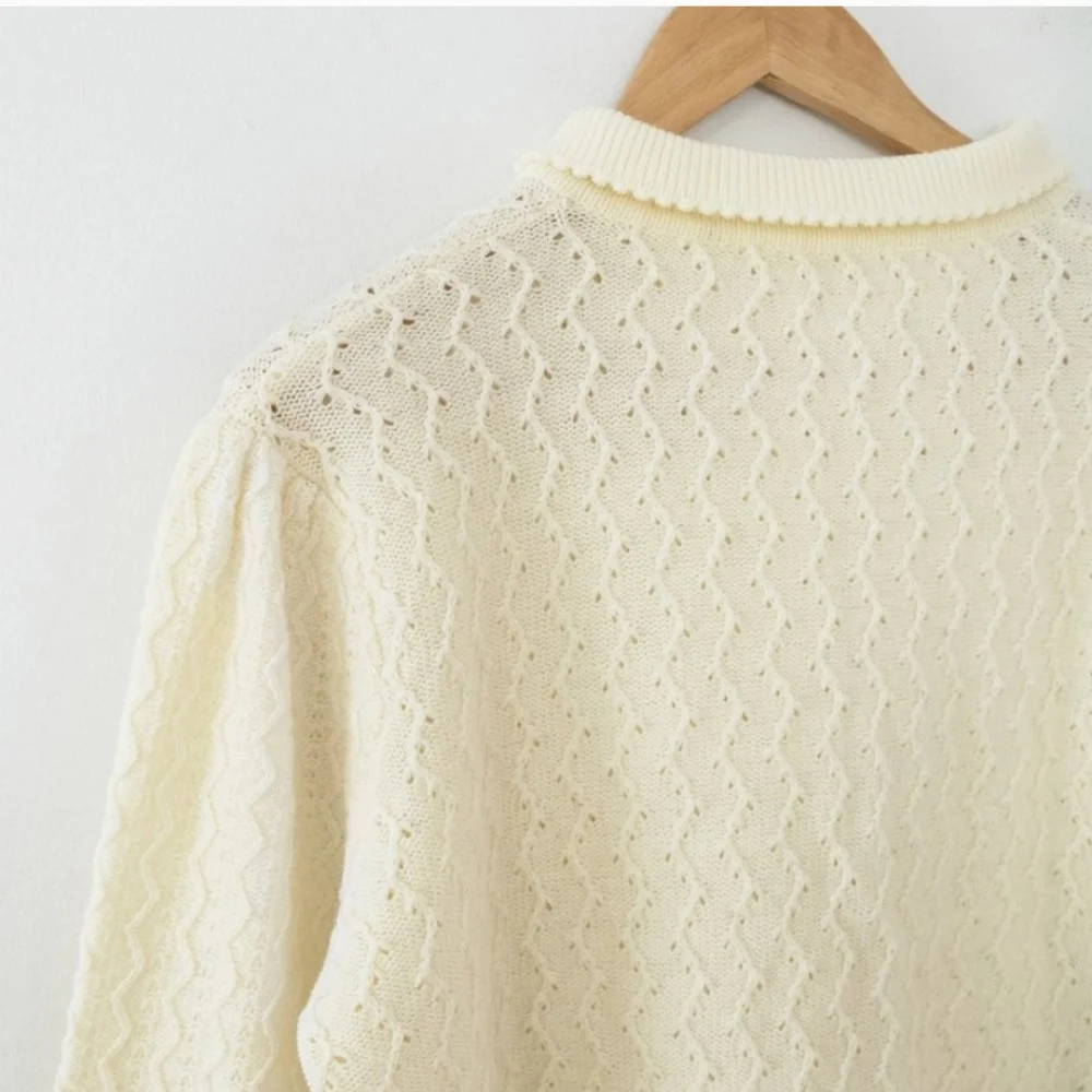 Vintage Inspured Retro Academia Office Cream Zig Zag Knit Wide Sleeve Sweater XL